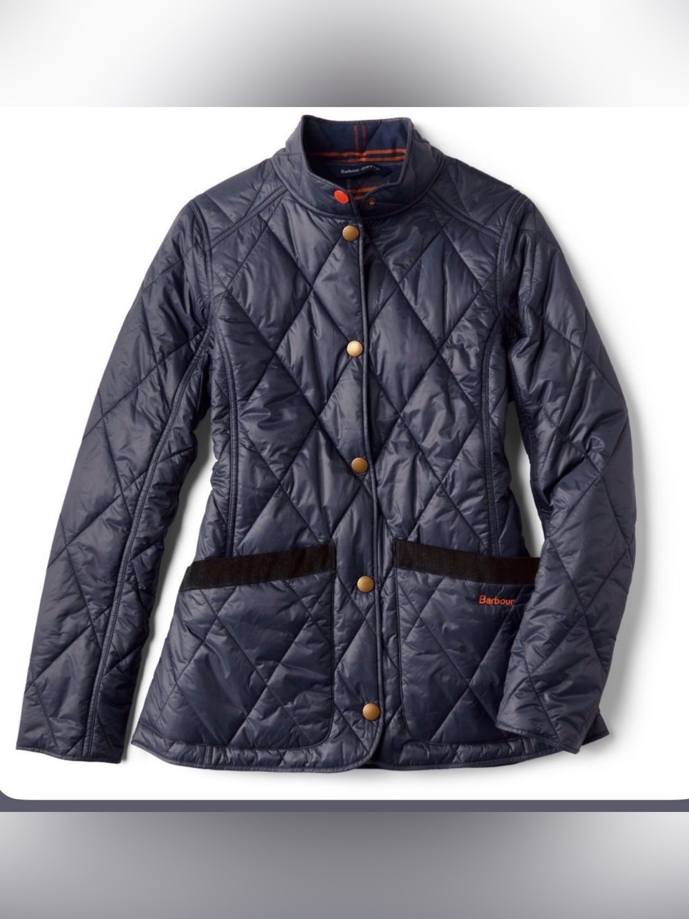 This Barbour × Orvis Hubbard quilted jacket navy w/classic plaid NWOT SZ 8